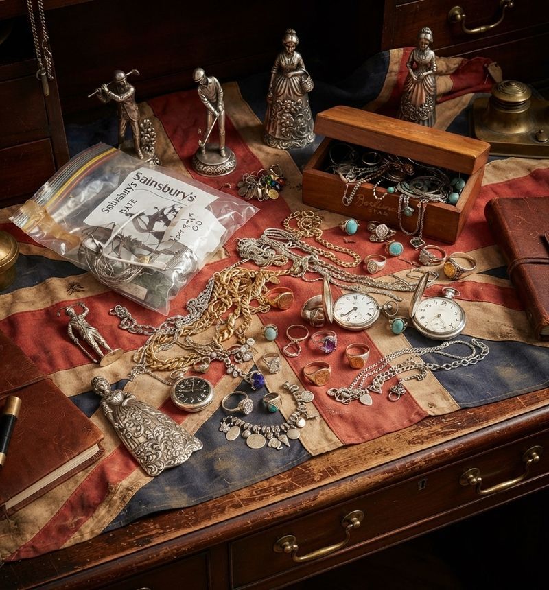 Gold chains, silver jewellery, rings, pocket watches and silver figures laid out on a desk
